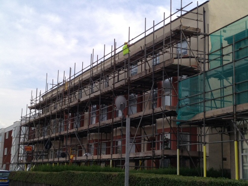 Scaffolding erected to a block of flats in Preston to allow for refurbishment of the exterior